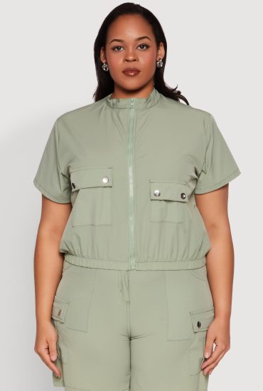 Plus Size Nylon Utility Zip Up Top