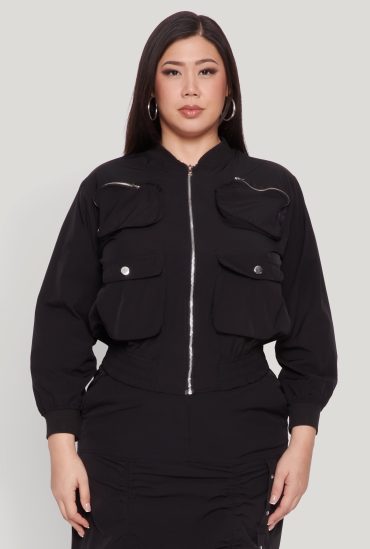Plus Size Cargo Pocket Windbreaker Bomber Jacket