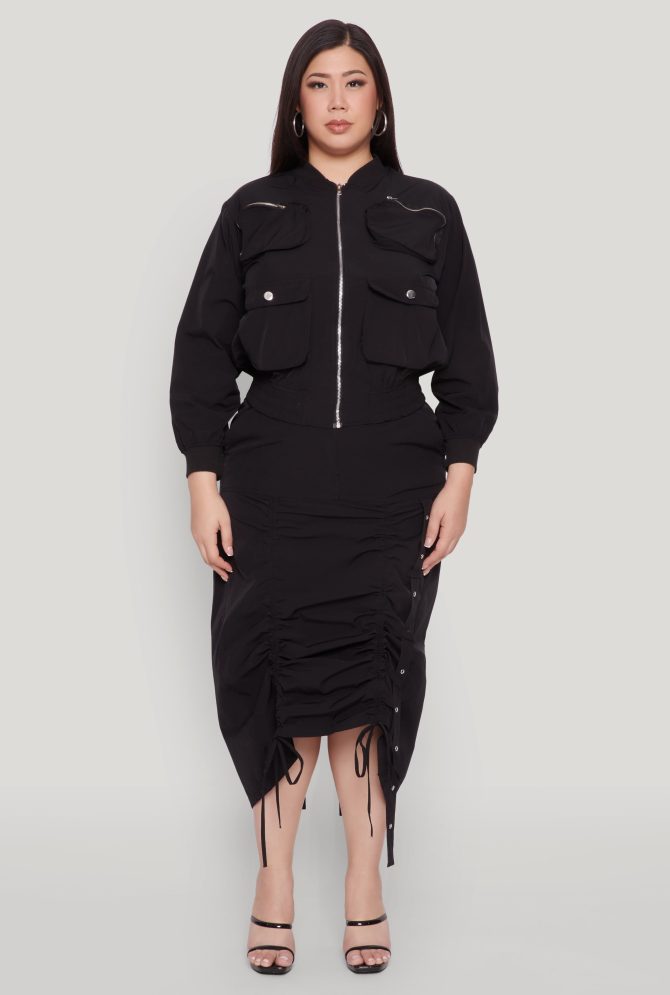 Plus Size Cargo Pocket Windbreaker Bomber Jacket - Image 3