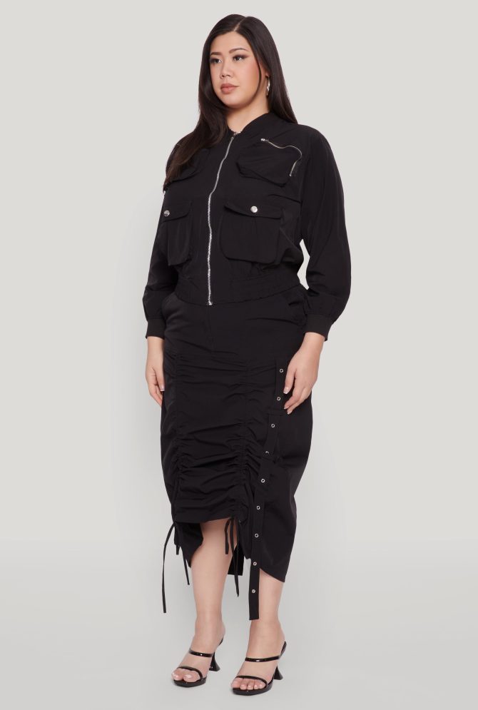 Plus Size Cargo Pocket Windbreaker Bomber Jacket - Image 5