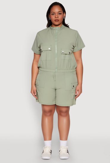 Plus Size Nylon High Waist Cargo Shorts