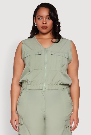 Plus Size Zip Front Cargo Pocket Top