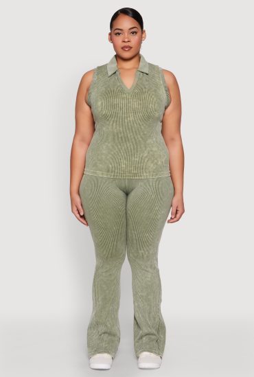 Plus Size Mineral Wash Ribbed Knit Boot Cut Pants