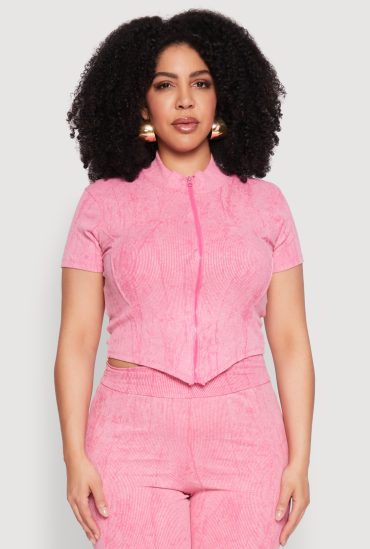 Plus Size Mineral Wash Zip Front Top