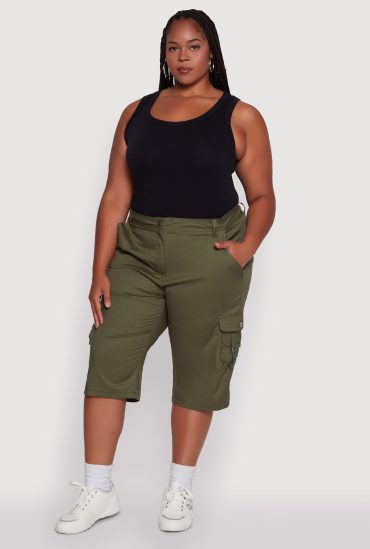 Plus Size High Waisted Poplin Cargo Shorts