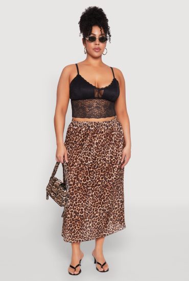 Plus Size Plisse Leopard Print Maxi Skirt