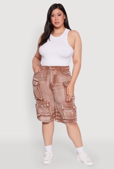 Plus Size Daisy High Waisted Acid Wash Cargo Denim Shorts