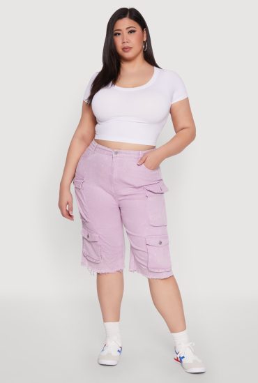 Plus Size Daisy Acid Wash Cargo Bermuda Shorts