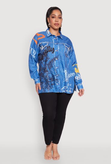 Plus Size Graffiti Denim Graphic Shirt