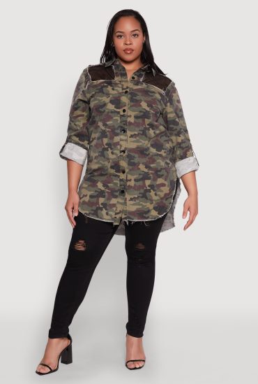 Plus Size Fishnet Detail Camouflage Shirt