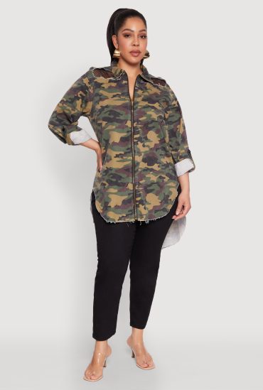 Plus Size Denim High Low Camo Top