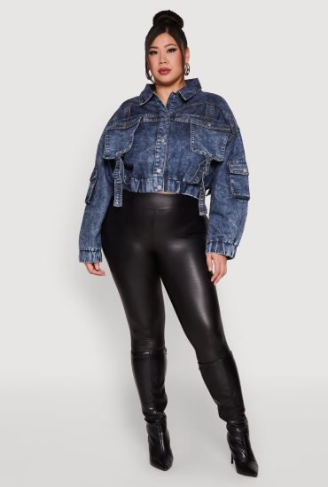 Plus Size Mineral Wash Cropped Cargo Jacket