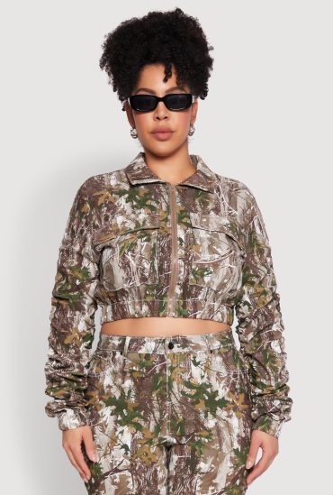 Plus Size Graphic Print Ruched Sleeve Cropped Jacket