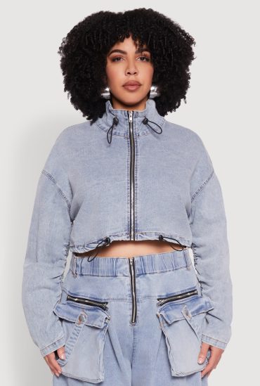 Plus Size Spoon Jeans Drawstring Cropped Jacket