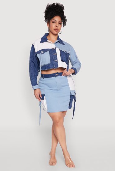 Plus Size Color Block Denim Skirt