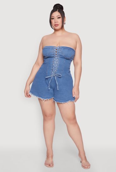 Plus Size Daisy Strapless Lace Up Denim Romper