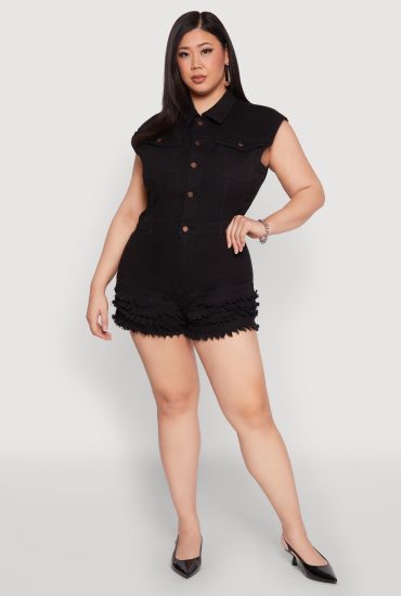 Plus Size Daisy Frayed Tiered Hem Denim Romper