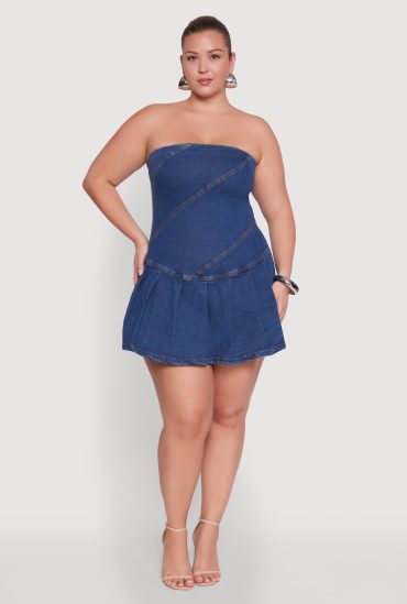 Plus Size Daisy Denim Strapless Skort Romper with Zip Back