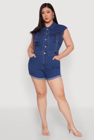 Plus Size Daisy Cargo Pocket Denim Romper