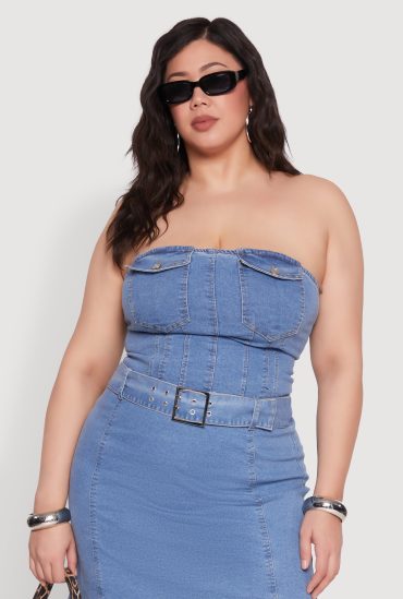 Plus Size Denim Pocket Corset Tube Top
