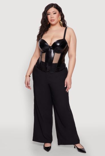 Plus Size Fishnet Cutout Faux Leather Look Bustier Top