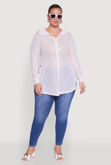 Plus Size Sheer Classic Fit Long Sleeve Tunic Shirt