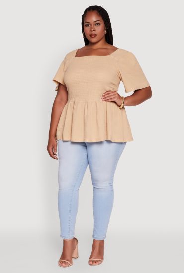 Plus Size Smocked Square Neck Peplum Top