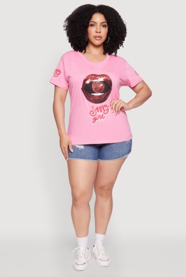 Plus Size Sequin Cherry Lip Sassy Girl Graphic Tee