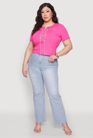Plus Size Rhinestone Lace Up Short Sleeve Top