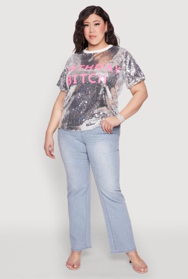 Plus Size Contrast Trim Sequin Birthday Graphic Top