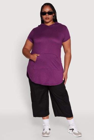 Plus Size Solid Hooded Kangaroo Pocket Blouse
