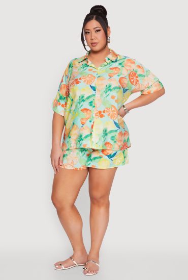 Plus Size Airy Fruit Print Shorts