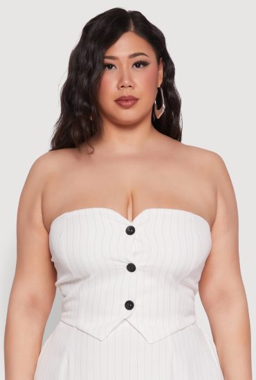 Plus Size Pinstripe Button Front Strapless Top