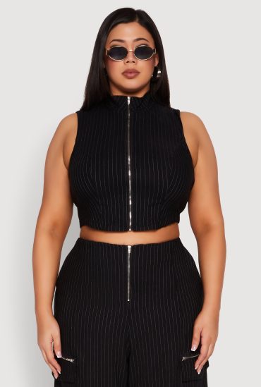 Plus Size Pinstripe Zip Front Crop Top