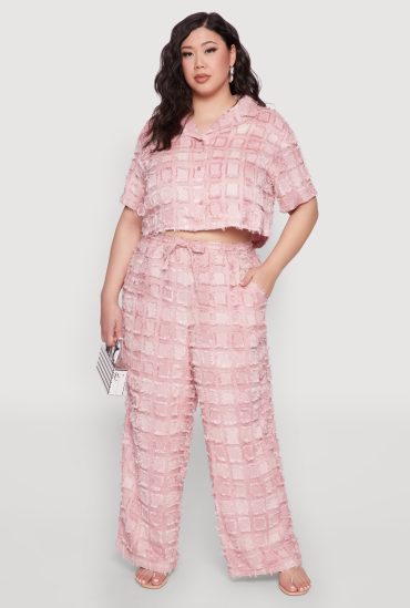 Plus Size Spoon Jeans Plaid Frayed Wide Leg Pants