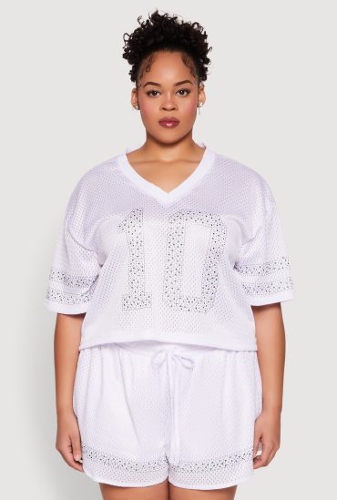 Plus Size Rhinestone Graphic Print Mesh Jersey