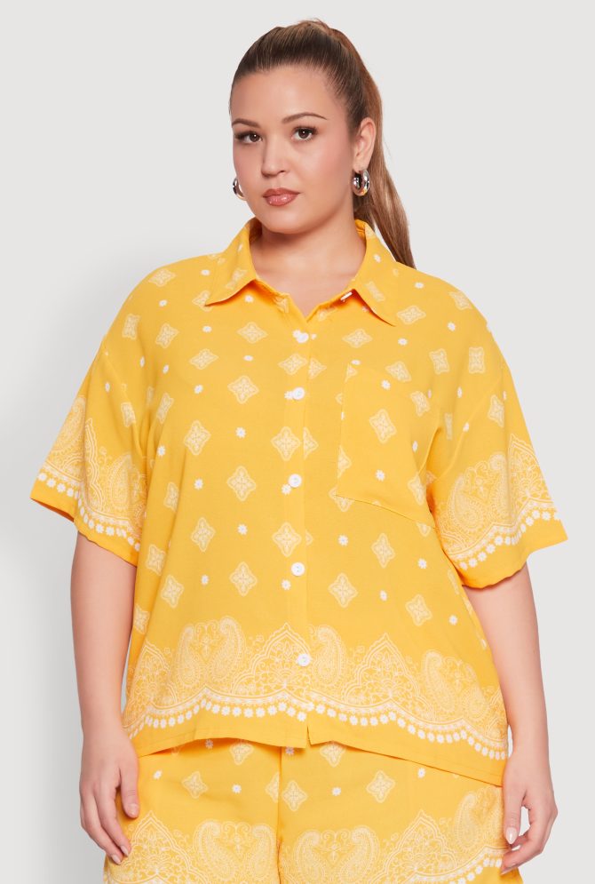 Plus Size Crepe Knit Bandana Print Oversized Shirt