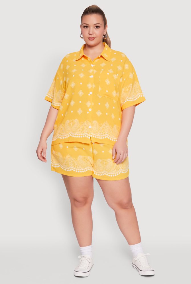 Plus Size Crepe Knit Bandana Print Oversized Shirt - Image 2