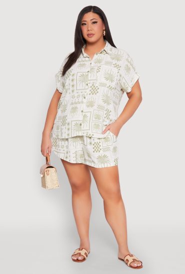 Plus Size Checkered Palm Print Shorts