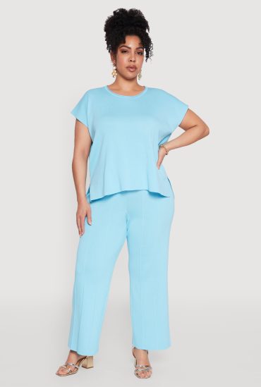 Plus Size Daisy Knitted Pintuck Wide Leg Pants