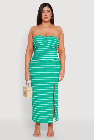 Plus Size Almost Famous Striped Textured Side Slit Maxi Skirt