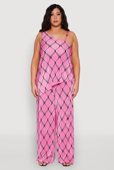 Plus Size Almost Famous Printed Plisse Wide Leg Pants