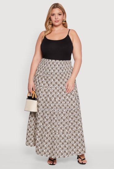 Plus Size Patterned Smocked Waist Maxi Skirt