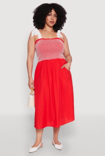 Plus Size Smocked Tie Shoulder Midi Dress