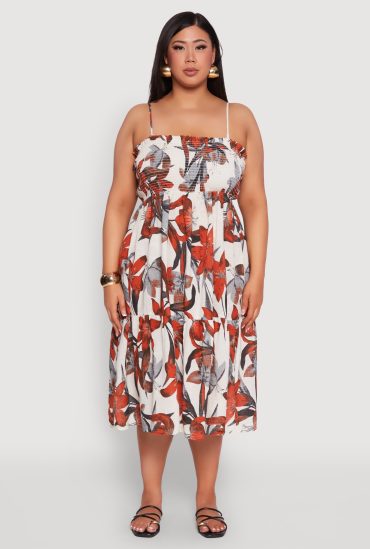 Plus Size Floral Print Smocked Tiered Midi Dress