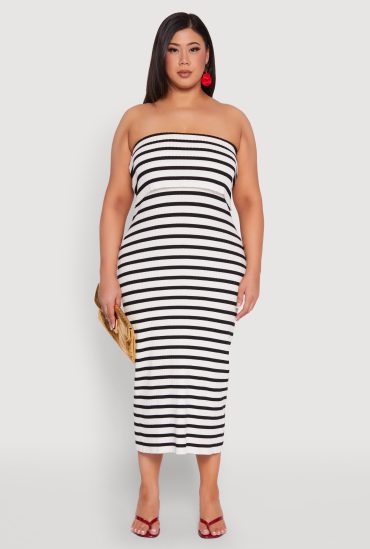 Plus Size Striped Rib Knit Overlay Sweater Dress