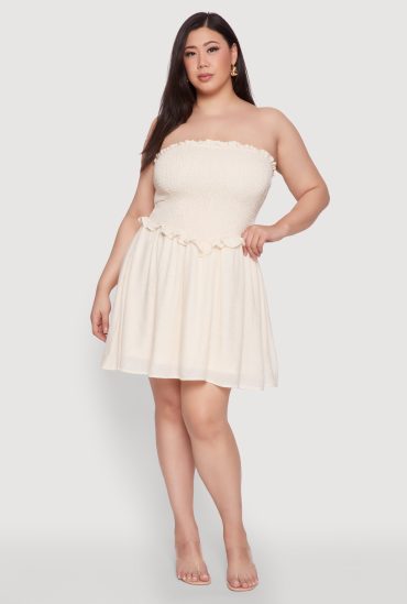 Plus Size Gauze Knit Smocked Mini Dress