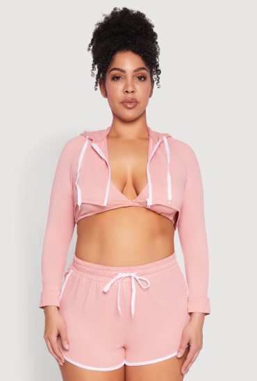 Plus Size Varsity Stripe Zip Front Cropped Hoodie