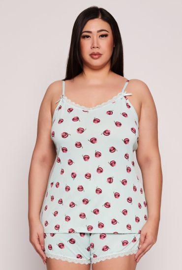 Plus Size Cherry Lip Print Pajama Cami and Shorts