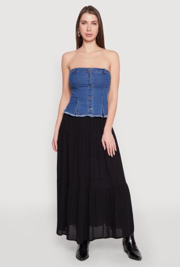 Frayed Split Hem Denim Tube Top